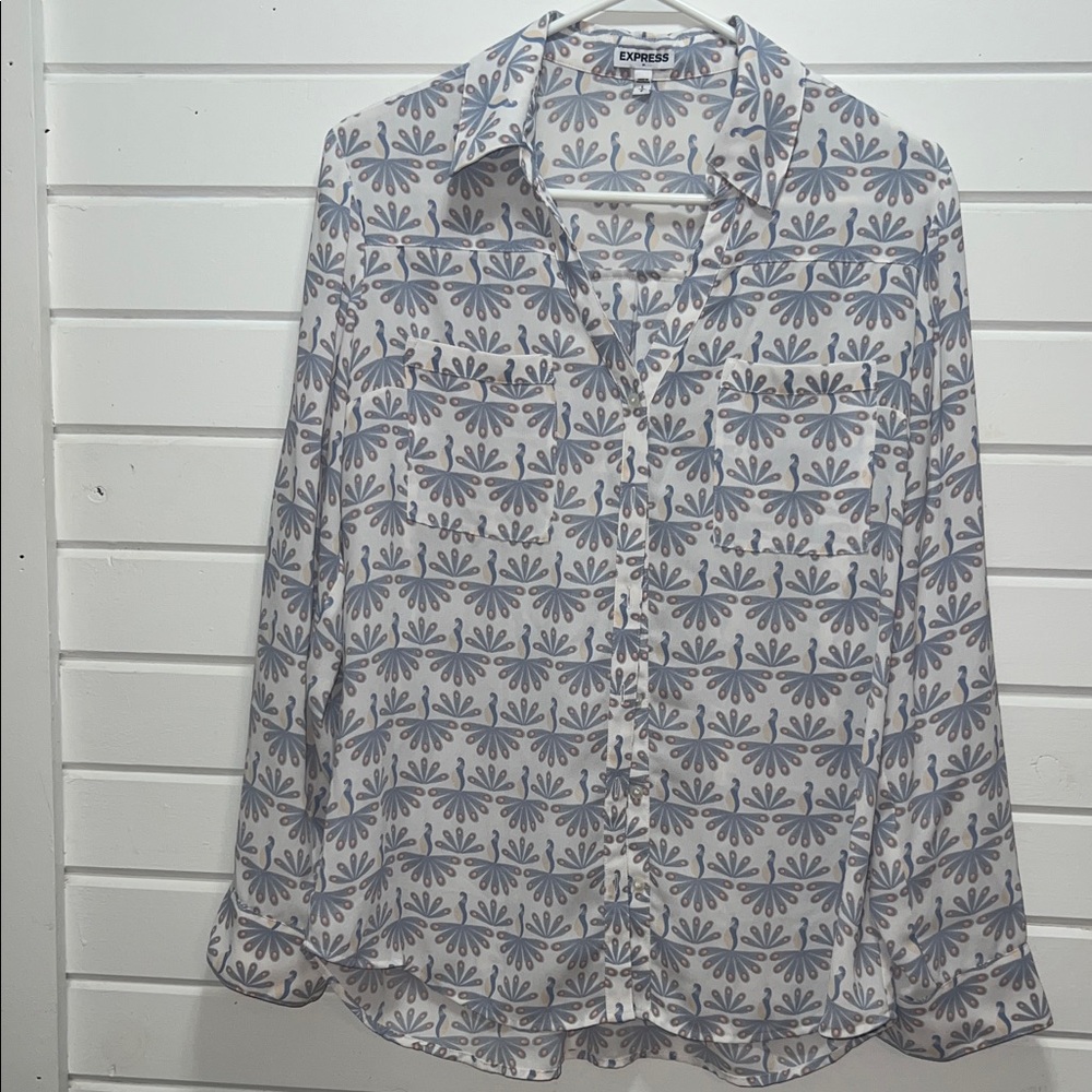 Express Women's White and Blue Floral Button Down Shirt